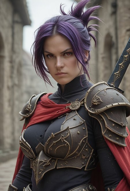 best quality, masterpiece, sfw,
n0m0, Fantasy Photoshoot,
close-up shot, view from aside,
solo, holding sword, dynamic fighting pose,
1girl, 
sabia, human, purple hair, red eyes, folded ponytail,
armor, single shoulder armor, cape, single bare shoulder, clothed,
large breasts,  
looking at viewer, closed mouth,