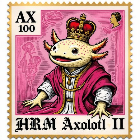 a_ck_postage_stamp_craft, a postage stamp in gold and pink featuring a royal axolotl with crown and robes, . A "AX.100" text is located in the top left corner. text at bottom "HRM Axolotl II" in large text in olde englishe font, The stamp is square.<lora:Axomodel_Flux_V1.1.safetensors:0.85:0.85> <lora:ck-postage-stamps-000013.safetensors:1:1>