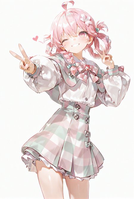 1girl, <lora:Eleven:0.8>, pink hair, light pink eyes, ahoge, braided ponytail, hair rings, ribbon, checkered clothes, checkered skirt, pastel colors, smile, v, one eye closed, (white background:1.35), masterpiece, best quality, amazing quality, very aesthetic, absurdres, newest, scenery,  <lora:deal360acv illustrious 006:0.45>, <lora:dj_sloppa_ill_v2:0.2>, <lora:nyalia:0.35>