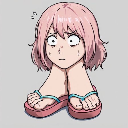 1 girl, goombafied, pink hair, worried, looking down, flip flops