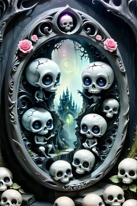 Fairy Tale Mirror with Cracks - A round, ornate mirror with a thick, gothic frame decorated with thorny roses and small skulls. The glass is cracked, with each fragment showing a different, distorted sceneâa moonlit forest, a dark castle, a fae village. In the corner of the mirror, a pair of glowing, cartoonish eyes peer out from behind one of the cracks. <lora:EnvyPastelGoth02-prodigy-batch6:1> <lora:SDXLFaeTastic2400:1> <lora:Goth_SDXL_V1:1> <lora:LowBrowXL:1> <lora:GothGirlLorav0.1:1>