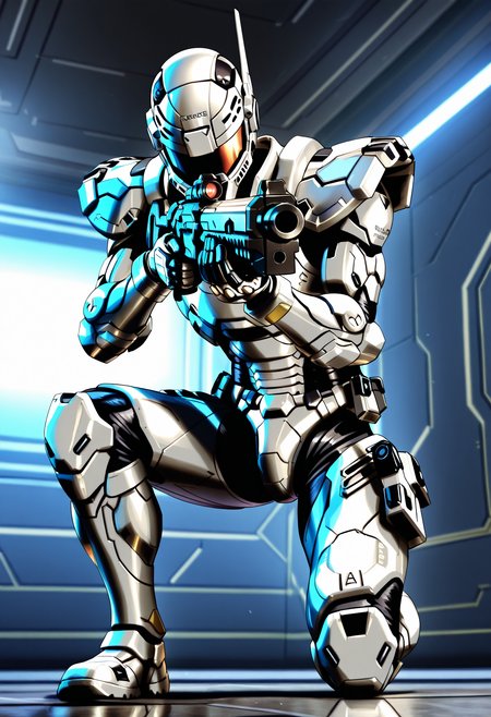 1boy,
on one knee, holding rifle, aiming,
cowboy shot,  action pose,
<lora:AugmentedReactionSuitIL:1>,   augmentedreactionsuit, science fiction, white armor, white gauntlets, white knee pads, white chestplate, armor,  helmet,
masterpiece,best quality,amazing quality,     <lora:yusuke-murataIL-style:0.8>