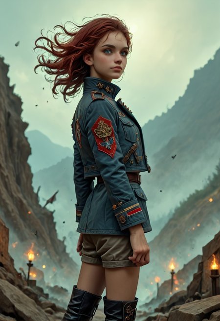1girl, side view, she is Nausica of the Valley of the Wind, solo, masterpiece, absurdres, best quality, (colorful), cinematic lighting, realistic, dynamic pose, extremely detailed, head turned to look at viewer, red hair, beautiful detailed face,(intricate detailed blue short military jacket with gold inlaid, short miniskirt, military black boots), ((she has an extremely detailed flintlock musket in her hands)), stands alone on top of a crag among the mountains with a deep valley below, there are big stone windmills down in the valley with their blades turning in the strong wind, solo, masterpiece, absurdres,  dynamic pose, the Sun shines over her, sun rays in her hair,subsurface scattering, remarkable color, ultra realistic, textured skin, remarkable detailed pupils, realistic dull skin noise, visible skin detail, skin fuzz, dry skin, bokeh, sharp focus on subject. no headgear,extremely detailed, looking at viewer, beautiful detailed face, subsurface scattering, remarkable color, ultra realistic, textured skin, realistic dull skin noise, visible skin detail, skin fuzz, dry skin, bokeh, sharp focus on subject.