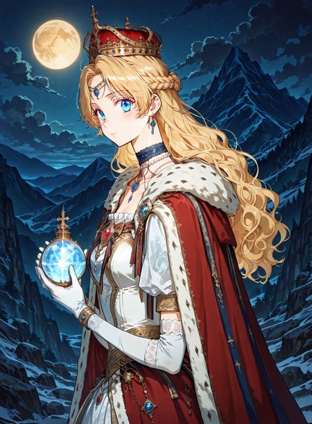 <lora:Athanasia_r1:1>
1 girl, solo, princess, blue eyes, blonde hair, long hair, wavy hair, french braid, bangs, parted bangs
white dress, necklace, collarbone, earrings, choker, gem, jewelry, red cape, crown, bracelete, pearl necklace, white gloves, elbow gloves,
score_9, score_8_up, score_7_up, source anime, BREAK, cowboy shot, (from side), looking back, looking at viewer, overlooking mountain, high altitude, scenery, exterior, background, (solo), perfect hands , night, golden moon, <lora:iLLMythG0thicL1nes:1>