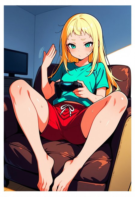 Score 9, Score 8, Score 7, Masterpiece, High Quality, Good Quality, Latest Model, High Resolution, Absurd, ((White Border)), Cinematic Lighting, High Contrast (Edge Light: 0.6), Dynamic Vision, <lora:illustriousXL_stabilizer_v1.23:0.3> <lora:NOOB_vp1_detailer_by_volnovik_v1:0.3> <lora:ponyv6_noobE11_2_adamW-000017:0.45> <lora:checkpoint-e18_s306:1.5> <lora:haiz_ai_illu:0.7>, Vibrant Colors, Bright Color, Dynamic Colors, Colorful Image, High Contrast, Saturated Colors, Thick Line, Bright Colors, Good Lighting, Color Saturation, Masterpiece, Best Quality, source_hentai, 
Medium close-up,solo,1girl,
1 girl, long hair, light yellow hair, short bangs, medium chest, thick hips, straight hair, straight bangs, blue-green eyes,
Playing video games, sitting on the couch, in front of a TV, video game controller in one hand,
green top, red athletic shorts, barefoot, disheveled, legs spread, (((hot))), sweating, fanning herself with one hand,
Living room, brown armchair, daytime, well-lit room, yellow lighting,