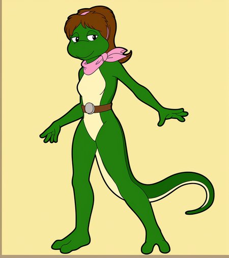 monalisatmnt, 1girl, green skin, brown belt, pink scarf, tail, pink hairband, full body, small breasts, yellow background, <lora:Mona_Lisa_TMNT_1987:1>