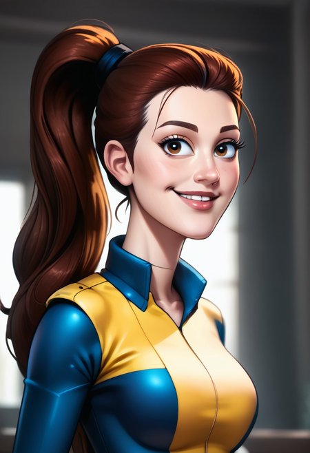 score_9, score_8_up, score_7_up, score_6_up, PRSNL_3_1,  uncensored, pupils black dots, realistic,
warm light, upper body,
Kitty_pryde_(marvel)
1girl, solo, brown_hair, smile, long_hair, breasts, brown_eyes, lips, ponytail,
belt, two tone bodysuit, yellow bodysuit, blue bodysuit, xmblzxl, gloves, bodysuit, boots,