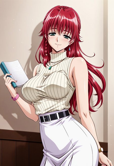 masterpiece, best quality, newest, highres, uncensored, 1girl, yokota mamoru style,motion lines,Very straight nose，slim,slender face,perfect nose,torogao,seductive smile
Yamashita Kumi, Braided Hair Loopies, Long Hair, Red Hair, Spiky Bangs,Cyan eyes, Tareme eyes
a beautiful sexy university girl posing at the campus holding a book, 1girl, solo, breasts, beige sleeveless sweater, white skirt, belt, bare shoulder, jewelry, wrist watch on own left wrist, smile,