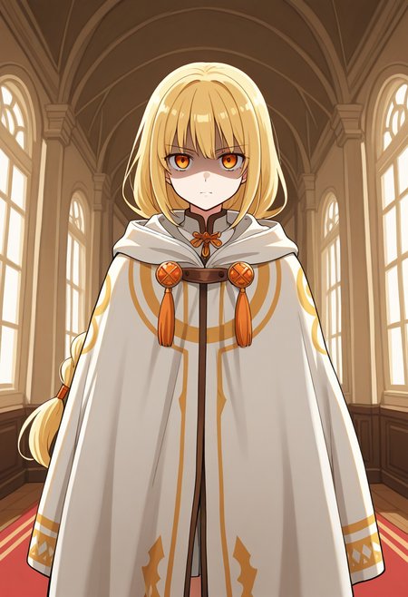 1girl, solo, saruvatorenoren, blonde hair, low-tied long hair, single braid, orange eyes, white cloak, print cloak, indoors, mansion, cowboy shot, shaded face, serious, straight on, looking at viewer,