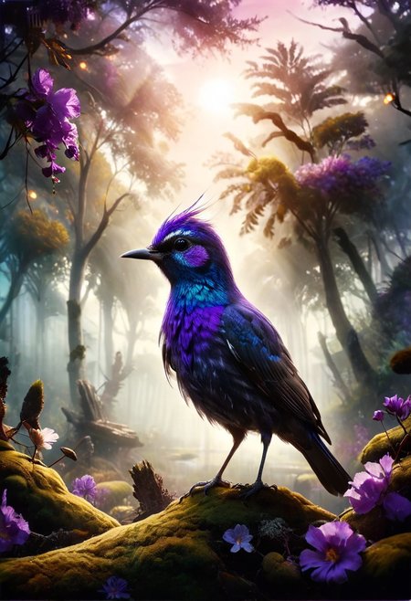 ral-apoctvisn, dark, chiaroscuro, low-key, breathtaking masterpiece showcasing a gorgeous little bird, Violet-crowned nymph,  bathed in soft, golden morning light, surrounded by vibrant bokeh balls that frame its delicate form. The image will be rendered in sharp detail, capturing every feather and intricate feature of the bird with stunning clarity. The soft, diffused lighting will enhance the warmth and radiance of its plumage, while high-quality bokeh adds a magical touch to the scene. Multiple image exposures will be expertly combined to emphasize the bird's vibrant colors and captivating gaze, resulting in a lifelike portrayal of tranquil beauty.
The artwork will feature shimmering digital colors in a mixed media style on textured paper, creating an overlapping, asymmetrical, abstract composition bursting with vibrant hues. Every inch of the image will be filled with intricate details, from the feathers of the nymph to the surrounding environment, all depicted in extreme detail. The wide range of colors will add depth and richness to the scene, with soft shadows and low saturation tones creating a serene yet evocative atmosphere.
With insane quality, resolution, and details, the final image will be a true masterpiece of nature photography, showcasing dramatic, dynamic, and cinematic elements. The sharp details will bring the scene to life, immersing viewers in the beauty and wonder of the Violet-crowned nymph in a way that is both breathtaking and captivating.