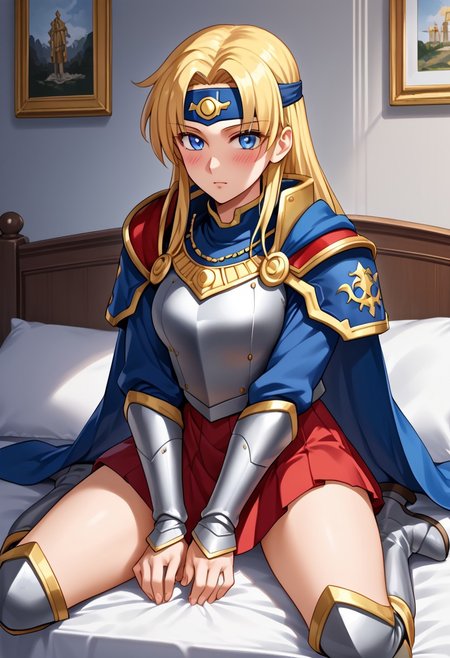 score_9,score_8_up,score_7_up,source_anime,5_figner,2d_animation,game cg,BREAK,1girl,solo,Sonya,blonde hair,long hair,blue eyes,blue cape,armor,headband,shoulder pads,breastplate,shoulder armor,shoulder armor,pauldrons,red skirt,knee boots,
front view,looking at viewer,anguish,blush,
bad,bad on sitting,pillow,room,
masterpiece,best qualit,ultra-detailed,illustration,an extremely delicate and beautiful,beautiful detailed eyes,unity 8k wallpaper,high resolution,anime CG,official_art,