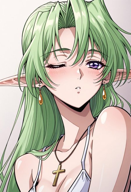 masterpiece, best quality, newest, highres, uncensored, 1girl, yokota mamoru style,1girl,Kamyu,Green hair, Waist Length hair,long hair,Violet Eyes,Pointed Ears,elf,solo, open eyes,Cross Necklace,Guimpe,one eye closed, earrings, jewelry, long hair, blush, close-up,, dutch angle, portrait,full dressed