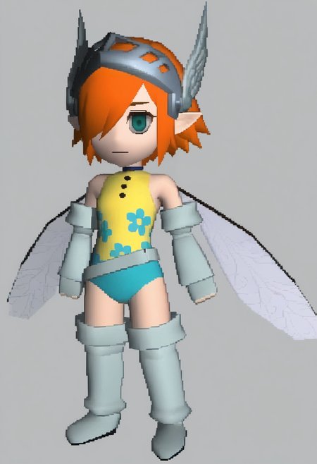 masterpiece, best quality, solo, 1girl, looking at viewer,  <lora:FF7-Chibi-illus_Fp:1>, full body, simple background, 3d, chibi,  <lora:GallicaMR-illu:1>, btGall, orange hair, short hair, hair over one eye, aqua eyes, visor \(armor\), wing hair ornament, pointy ears, two-tone leotard, yellow leotard, blue leotard, floral print, buttons, bare shoulders, elbow gloves, fingerless gloves, belt, fairy wings, thigh boots