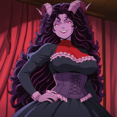 masterpiece, best quality, newest, absurdres, highres, 
X-1990STV1.0, 
1girl, demon girl, Purple skin, Purple colored skin, colored skin, curly hair, corset, red coreset, frills, frilled dress, black dress, pink eyes, black hair, smug, smile, horns, demon horns, mature, mature female,