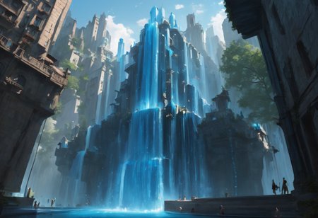 a floating castle in the air, a waterfall flows from the castle to the ground, sharp faceted blue crystals decorate the castle, looking up from the ground view