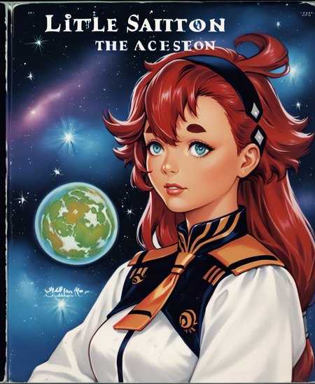 zPDXL3, g0ld3n, <lora:LGB_style_2:1> traditional media, cover,  <lora:sulleta-mercury-ponyxl-lora-nochekaiser:1>1girl, sulleta mercury, red hair, hairband, long hair, thick eyebrows, blue eyes, black hairband, ahoge, breasts,  lips, (space station:1.2), space, asticassia school uniform