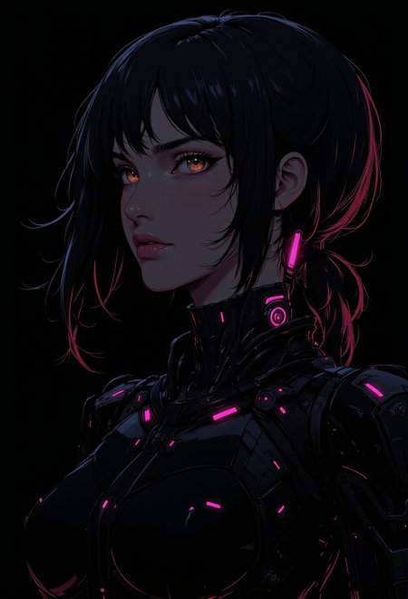 <lora:ck-nc-luminal-genesis:1>, A digital anime artwork in the style of cklg, A stunning close-up portrait of a beautiful woman with long, wavy hair cascading around her face. Subtle mechanical features are integrated into her face and neck, blending seamlessly with her natural beauty. The artwork is rendered in a chiaroscuro style, with extreme contrast between light and shadow, creating a dramatic, moody effect. The background is completely black, with neon pink light illuminating select areas of her face, hair, and mechanical elements, adding a futuristic glow. The contrast of neon pink and black enhances the surreal atmosphere, blending organic beauty with mechanical details for a striking cybernetic aesthetic.
<lora:ck-Sci-Fi-Concepts:0.3>
<lora:flux.1_lora_flyway_Epic-detail_v2:0.6>
<lora:test2:0.7>
<lora:Anime v1.3:0.2>