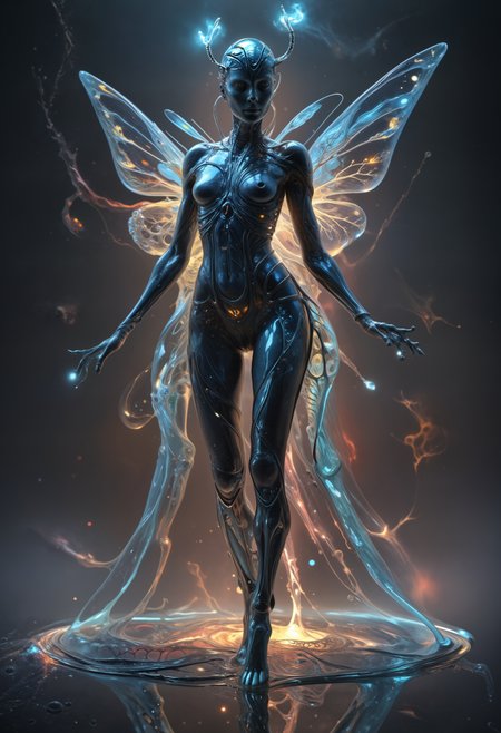 Glo-fi Art Style, Dark Fantasy Art, ethereal fantasy concept art of  neonpunk style  (full body shot, bilaterally symmetrical:1.6)
BREAK
(bioluminescent, vibrant, erosion-patterned galaxy aesthetics, glass-like (transparent body revealing intricate titanium bone structure:1.45), vivid bioluminescent blood vessels, effervescent internal bubbles, tornado-like swirls, chaotic nebula-inspired light sources, swirling cosmic colors, elegant dress, azure butterfly wings:1.3), slimwoman female figure, (upbeat facial expression:1.32), (dynamic bound with glowing fiberoptic wiring, bdsm, nsfw pose:1.5), small perfect hands, small petite breasts, bioluminescent transparent feet, glowing veins, fluttering azure butterflies. (setting sun:1.05)    . cyberpunk, vaporwave, neon, vibes, vibrant, stunningly beautiful, crisp, detailed, sleek, ultramodern, magenta highlights, dark purple shadows, high contrast, cinematic, ultra detailed, intricate, professional . magnificent, celestial, ethereal, painterly, epic, majestic, magical, fantasy art, cover art, dreamy, dark, moody, dark fantasy style, dynamic, dramatic, vibrant colors, glo-fi art style <lora:Bio-Luminescence:.86> <lora:Perfect Hands v2:1> <lora:age:-2> <lora:add-detail-xl:1> <lora:slimwoman_v2:.65> <lora:ahxl_v1:.35>
