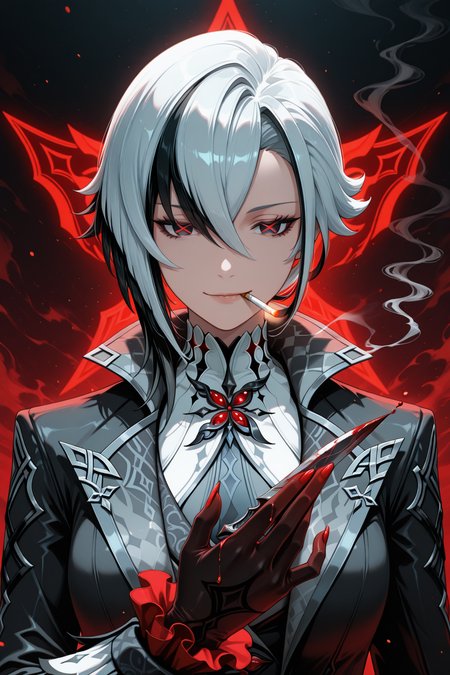 lazypos, arlecchino \(genshin impact\),  1girl, black suit, white hair, red X-shaped pupils, knife collection, bloodstained gloves, dimly lit office, paper shreds floating, shadowy tendrils, cigarette smoke, cold smirk, portrait: rule of thirds, monochrome palette, crimson accents, executioner vibe, hidden blades, drip effect (ink-like blood), sinister elegance, flickering neon sign, noir detective aesthetic <lora:TrendCraft_The_Peoples_Style_Detailer-v1.0A-3_13_2025-illustrious:0.4>