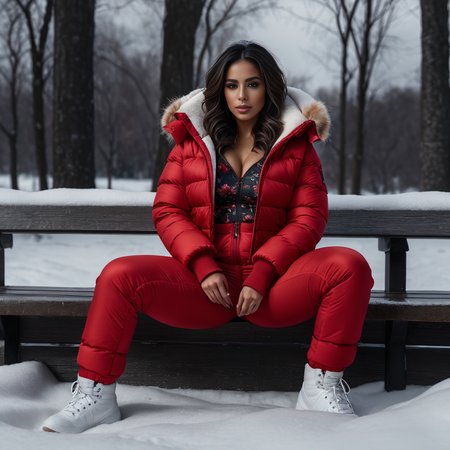 (full body shot| ) (dark cinematic still, dark vibes) sexy latina woman ,unique, wearing  floral snowpants and red extra_puffy_jacket,  unique hair styles, 8k uhd, dslr, high quality, photorealistic, realism, hyperrealism,((sitting scene)), outdoors
 <lora:snowpants_v1-000003:0.1>
 <lora:Puffer_Jacket_and_Down_Jacket_-_Extra_Puffy_Jackets:0.1>