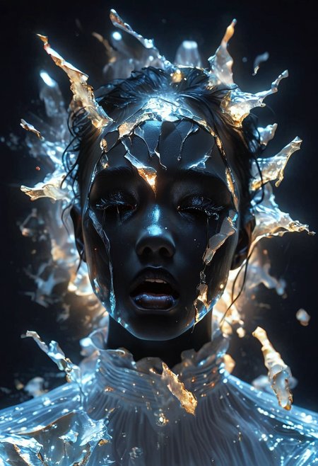 score_9, score_8_up, score_7_up, The shards are predominantly silver with hints of gold, blue, and pink, creating a mesmerizing, multi-colored effect that reflects light in a kaleidoscopic manner. The face is abstract yet recognizable, with closed eyes, a slightly open mouth, and a serene expression. The shards are arranged to form the contours of the face, including the nose, cheeks, and jawline, with some pieces overlapping and others protruding. BREAK, The image is a high-resolution photograph of a person's face, taken in a dramatic, almost surreal style. The subject is a woman with black hair, a fair complexion and striking features. Her body is covered with a black translucent fabric that drapes over her shoulders, creating a ghostly, ethereal effect, which contrasts sharply with the black skin and the black film, white tears, crying, black background
