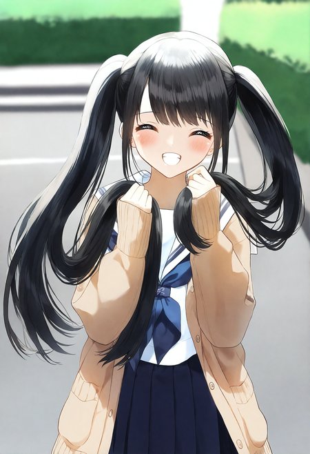 <lora:penta1_noob1.1-000139:0.9>,
1girl, blurry background, blurry, skirt, smile, pleated skirt, solo, twintails, long hair, depth of field, closed eyes, school uniform, open clothes, facing viewer, cardigan, sailor collar, white shirt, holding hair, blue neckerchief, sleeves past wrists, serafuku, grin, long sleeves, white sailor collar, shirt, blush, neckerchief, open cardigan, black hair, holding, hands up, brown cardigan, outdoors, blue skirt, standing, ^_^, day, puffy sleeves, very long hair, :d, black skirt,
masterpiece,best quality,newest,absurdres,highres,very awa,