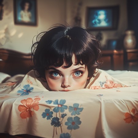 core_9, score_8_up, score_7_up, score_6_up,  <lora:70s_Horror_MoviePony:1> ArsMovieStill, movie still from a 1970s horror movie, The image is a close-up of a child's face peeking over a bedsheet. The child has dark hair and blue eyes and their expression is one of fear or unease. The bedsheet is covered in a floral pattern and the background is dark and out of focus. The image appears to be a sepia-toned photograph giving it a vintage feel., black hair, solo, 1girl, looking at viewer, short hair, blurry, bangs, dark, blue eyes