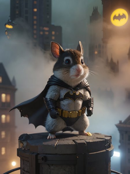 nighttime, hamster batman, on top of building in gotham city, batsignal , (volumetric fog:1.6)  <lora:extremely_detailed:-1> extremely detailed, 8k, masterpiece, dramatic lighting, vivid colors,r<lora:MJ52:0.2>