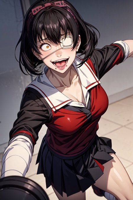 1girl,ikishima midari, short hair, black hair, eyepatch,school uniform, red sweater, black skirt,masterpiece,(saliva:1.2),gesugao,psycho smile,madness,open mouth,breathing,heavy breathing,tongue out,yandere,extremely detailed CG unity 8k wallpaper, best quality,32k,focus sharp,  <lora:Kizuki - Kakegurui Ikishima Midari LoRA:1>, <lora:add_detail:1>, <lora:yameroyandere-v2:0.7>