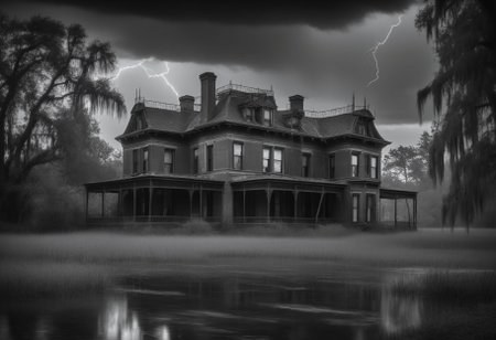 score_9, score_8_up, score_7_up, score_6_up, score_5_up, masterpiece, best quality, absurdres, BREAK, abandoned victorian mansion, shattered windows, willow trees, cypress swamp in the background, thunderstorm, lightning, wrought iron fence, black and white photo