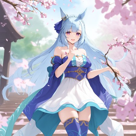 score_9, score_8_up, score_7_up, source_anime, 2D, anime BREAK
PFN, 1girl, solo, long hair, breasts, looking at viewer, smile, open mouth, bangs, dress, holding, animal ears, bare shoulders, very long hair, blue hair, standing, purple eyes, braid, flower, cowboy shot, horse ears, cherry blossoms, horse girl, shawl, stairs, branch, crown braid, blue thighhighs, 
<lora:mejiro_ardan-ponyXL-000006:0.8>,