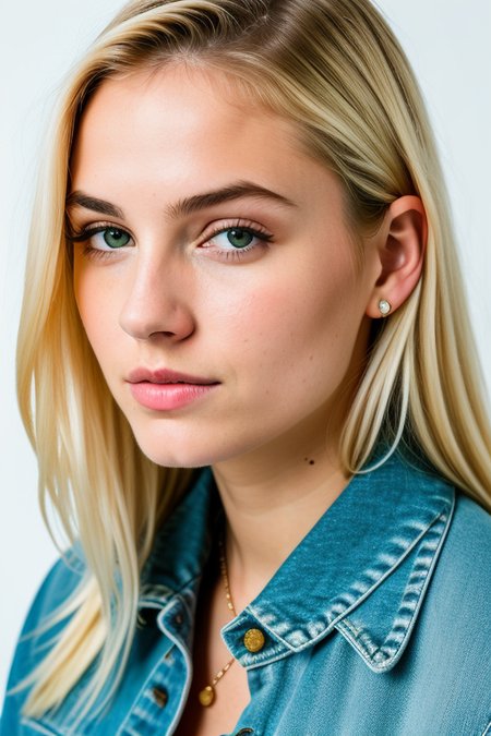 1girl, european,(blonde hair), forehead, lips, long_hair, looking_at_viewer, nose, photorealistic, portrait, realistic, solo ,masterpiece,close up shot, suit, denim jacket,white backdrop,studio photography,

shallow depth of field, (high detailed skin:1.2), 8k uhd, dslr, soft lighting, high quality, film grain, 20mp, Fujifilm XT3, 80mm, hasselblad,

(to8contrast style),