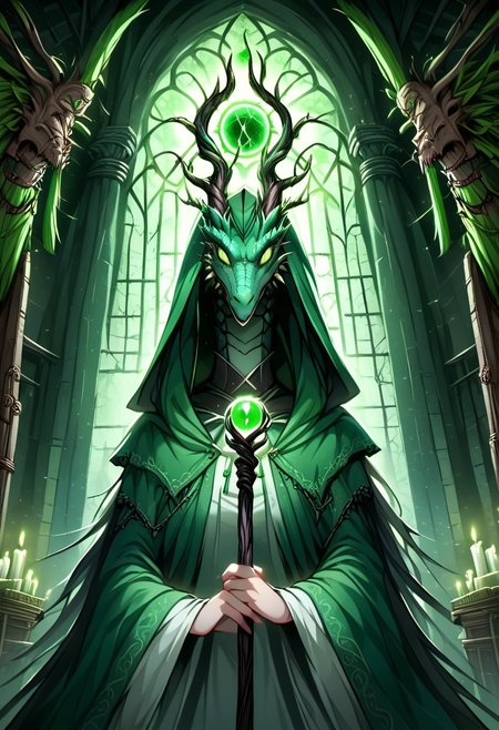 (Dragon h3ad priestess wearing a green cloaks:1.3), staff, inside temple, soft lighting
<lora:add_detail:0.5>, animal_head, orbstaff, gothic horror,