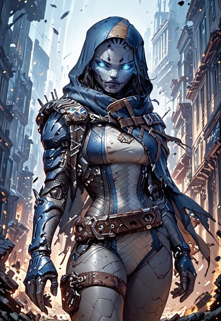 ((zPDXL3)), ((masterpiece,best quality, highly detailed)), ((score_9)), score_8_up, score_7_up, score_6_up, score_5_up, score_4_up, Digital painting style, brushstrokes, ((EnhanceImage)), solo, 1girl, blue eyes, breasts, thighs, robot, hood, hood up, bodysuit, belt, thigh strap, cape, gray skin, glowing eyes, colored skin,
Expressiveh, 30yo, 
animated, evoking motion, conveying motion, dynamic splash art, ((handfixer)), four fingers, one thumb, detailed background, city,
<lora:PainterlyFantasiaPDXL:0.6>,