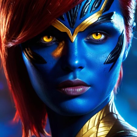 concept art of  <lora:Mystique X-Men:1>
Mystique X-Men a closeup of a woman with red hair and yellow eyes and blue body, digital artwork, illustrative, painterly, matte painting, highly detailed