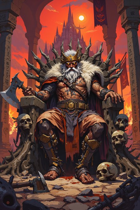 A Barbarian King on a Throne of Bones â Seated atop a massive throne made entirely of fused skulls and colossal rib bones, a barbarian king with a wild mane of silver hair and glowing amber eyes glares forward with an expression of brutal dominance. His fur-lined cloak, ragged and stained with battle, drapes over his massive shoulders, revealing arms covered in tribal scars that tell the stories of countless wars. His left hand grips the pommel of an enormous battle-axe, its blade still slick with fresh crimson, while his right hand rests lazily on the armrest, fingers idly tracing the cracks in the bones beneath them. Around him, towering stone pillars, carved with ancient war glyphs, rise toward a sky stained red with the light of a burning sun. The ground is littered with shattered weapons and rusted armor, remnants of those who dared to challenge his reign. Beyond the throne, the silhouette of a fortress carved into the side of a jagged mountain looms in the distance, its fires burning like the eyes of a beast. The kingâs breath is slow and measured, his golden crown dented and wornâless a symbol of royalty, and more a trophy of survival. The throne room is silent, save for the occasional gust of wind that stirs the banners above, whispering of bloodshed and victory. DB4RZ, DB4RZ style painting, NeoPigma, in the style of cksc, anime, cyberpunk, a masterpiece, award winning,<lora:CPA:0.5><lora:FLUX-daubrez-DB4RZ:0.3><lora:NeoPigmaV3:0.35><lora:ck-shadow-circuit-000021:0.35>