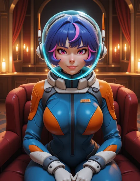 wide shot, looking at viewer, outdoors daylight,
 <lora:Overwatch_-_Juno_v2-000030:1> o-juno a 20 year old adult woman with purple eyes and multicolored hair with bangs
a young woman with short blue hair and pink highlights, wearing a form-fitting blue and orange space suit with a transparent, blue-tinted helmet, white gloves
328. Resting on a velvet couch in a candlelit lounge, with a bashful smile, with rich fabrics behind