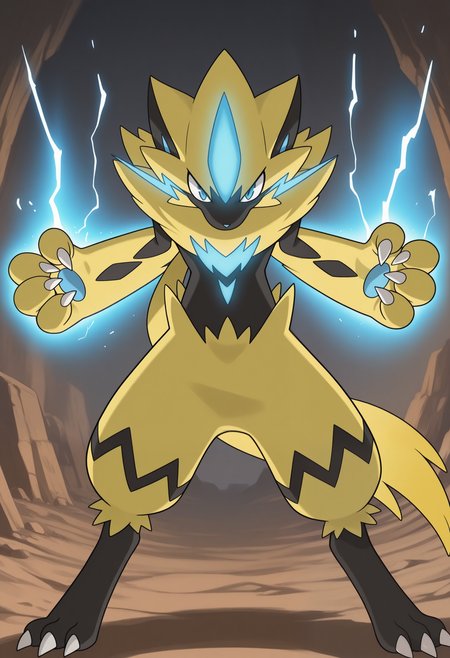 masterpiece,best quality,amazing quality, 1boy, solo, z3r40r4, pokemon (creature), blue eyes, black skin, yellow fur, charged up, glowing,