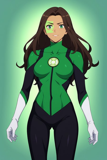 score_9, score_8_up, score_7_up, source anime, prefect lighting, very aesthetic, BREAK,
 <lora:jessica_cruz_v1-pdv6:0.9>, 1girl, green lantern, green eyes, brown hair, long hair, dark skin, facepaint, medium breasts,
supcruz, superhero, black bodysuit, green bodysuit, white gloves, white footwear,
BREAK, looking at viewer, light smile, (close-up:1.3), 
BREAK,