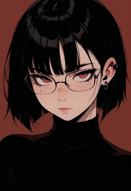 masterpiece, best quality, amazing quality, GTHAN, 1girl, solo, glasses, red background, red eyes, black hair, piercing, looking at viewer, earrings, ear piercing, jewelry, mole, simple background, sweater, portrait, turtleneck, closed mouth, mole under eye, freckles, bangs
