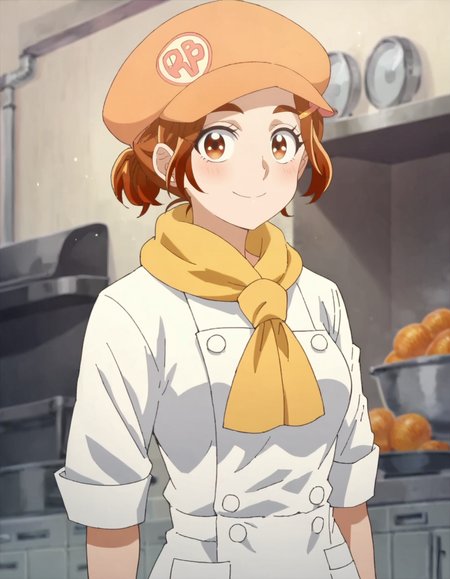 score_9, score_8_up, score_7_up, 1girl, solo, anime screencap, 1girl, solo,hyuugasaki,  jewelry, hair ornament, smile, looking at viewer, shirt,  hairclip,cabbie hat,chef,yellow scarf ,cowboy shot,medium breasts,blush, <lora:hyuugasaki:0.8>