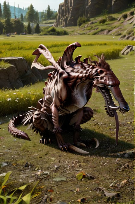 source_furry, score_9, score_8_up, score_7_up, (voretooth_xv, monster, canid, feral), detailed skin, white eyes, teeth, sharp teeth, spikes, claws, tail, <lora:FF_QiongQiPony08:0.8>, outdoors, grasland, sitting, tongue out, zPDXL2, zPDXLpg, zPDXLrl, shaded, best quality, highly detailed, extreme detail, photorealistic