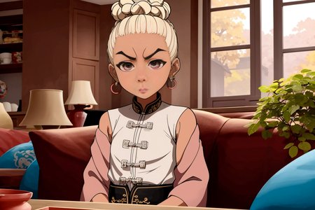 a Han Chinese 27 years old woman Blonde Top Knot, sitting in a couch in the living room, well draw eyes and eye pupil , EdobBoondocksArtStyle  <lora:EdobBoondocksArtStyle_v1.0:0.8>