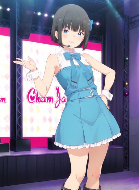 High quality,Ultra detailed,best quality,insanely detailed,beautiful,masterpiece,absurdres,very aesthetic,sensitive BREAK
1girl,solo,<lora:matsuyama_sorane_V1_IL:1>,(matuyama_sorane, black hair, short hair, bob cut, blue eyes, bangs, small breasts),(hair bow, idol, sleeveless, white shirt,wrist cuffs,blue dress,knee boots,blue bowtie),oshi ga budoukan itte kuretara shinu,looking_at_viewer,posing,smile,indoors,<lora:chamjam_stage_V1_IL:1>,stage,chamjam_stage,headset,