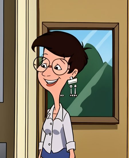 <lora:what_about_mimi-16:0.9>, 1girl, solo, mother, brown hair, jewelry, earrings, glasses, smiling,