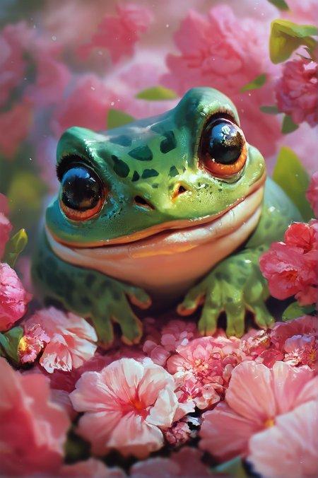 score_9, score_8_up, score_7_up, score_6_up, score_5_up, score_4_up, rating_safe,
score_9,
frog, cute, small, pink flowers, dramatic light
<lora:GwentStyle_v2:0.55> gwentstyle <lora:Pony_DetailV1.0:0.55>  <lora:Concept Art DarkSide Style LoRA_Pony XL v6:0.5>