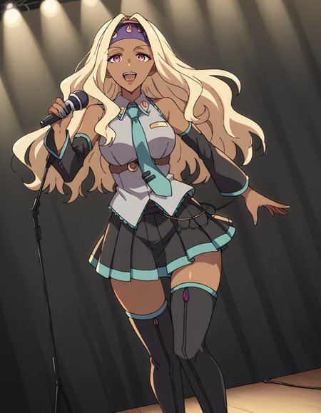 score_9, score_8_up, score_7_up, source_anime, <lora:ratotil-anthreya-s3-ponyxl-lora-nochekaiser:1>, ratotil anthreya, long hair, blonde hair, pink eyes, dark skin, dark-skinned female, makeup, headband, lipstick, large breasts,, <lora:hatsune-miku-cosplay-ponyxl-lora-nochekaiser:1>, hatsunemikucosplay, hatsune miku (cosplay), aqua necktie, black footwear, black skirt, black sleeves, boots, collared shirt, detached sleeves, grey shirt, necktie, pleated skirt, shirt, skirt, sleeveless, sleeveless shirt, thigh boots, tie clip,, stage, stage lightings, singing, microphone, holding microphone, open mouth, smile, , dutch angle, cowboy shot