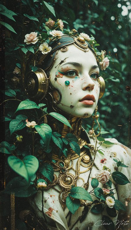 A flawlessly crafted white cyborg, adorned with cascading vines and blooming flowers, stands as a sublime fusion of nature and technology, radiating elegant mystique.