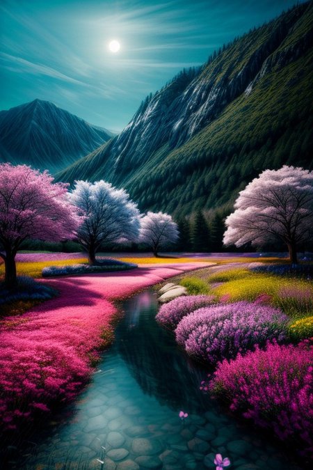 awards winning photography, trending on art station, masterpiece, best quality, ultra-detailed, realistic, 8k, a small hut on the very distant,, one pine tree, flowers fields, many kinds of flowers, a couple of deer on very distant, lakes, meadows, glitter, moonlight,  Crystal landscape, Crystal flowers, Crystal fantastic, out-of-this-world scenery, lifelike, naturalism, greatest naturalism photo, immaculate detailed realism photography, rich colors, best colors perfect composition, perfect colors, colorful, clear photo, intrigue nature panorama, delicate nature photo, immaculate micro-details nature elements, Crystal landscape, Crystal flowers, Crystal fantastic, out-of-this-world scenery, prettiest, breathtaking beautiful, nature, super delicate photo, surreal, insanely lifelike, top best naturalism photography, greatest detailed, intricate details, depth of field, naked nature, porn nature, (no human:1.6),