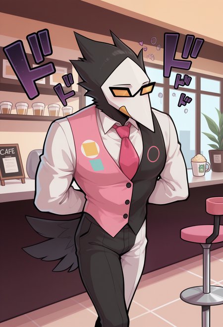 masterpiece,best quality,amazing quality, 1boy, solo, sw4tch, bird boy, mask, pink tie, heterochromatic glasses, black tailcoat, black pants, tail, menacing_\(meme\), 
cafe,